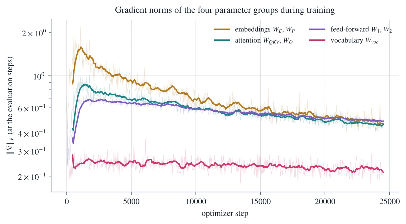 Gradient norms by parameter group during training.